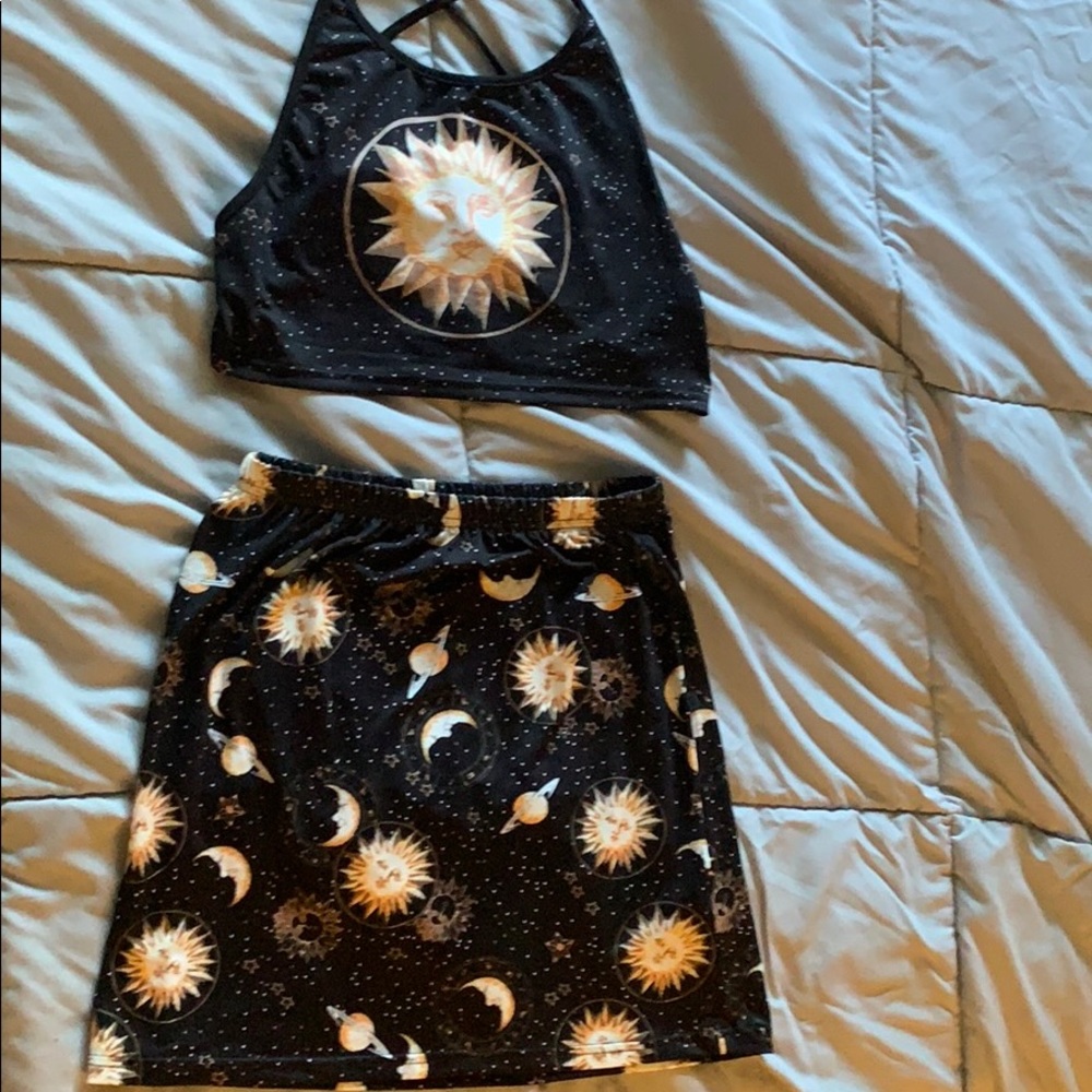 Crop top and skirt with galaxy pattern